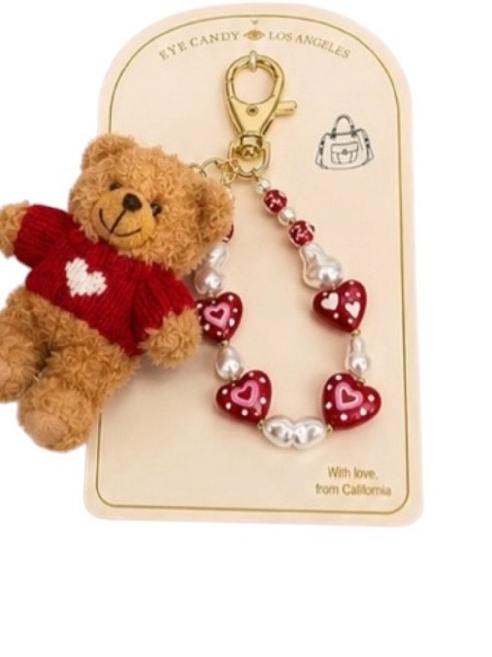 eye candy Red Heart Bead Keychain with Plush Teddy